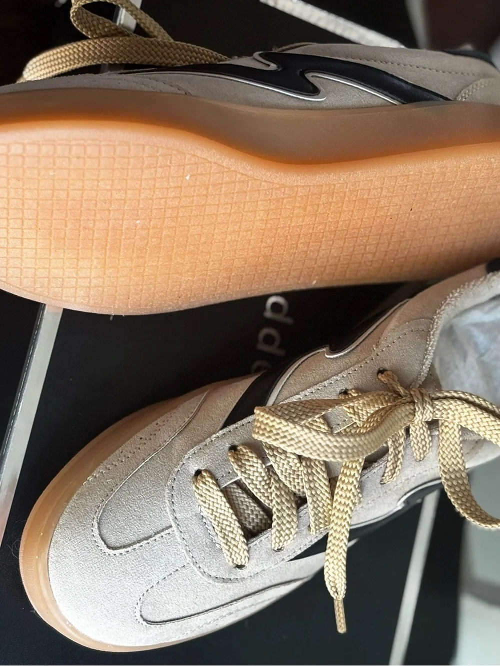 Madden Girl NEW Women’s Taupe Beige Suede Sneakers with Black Accent Gum Sole